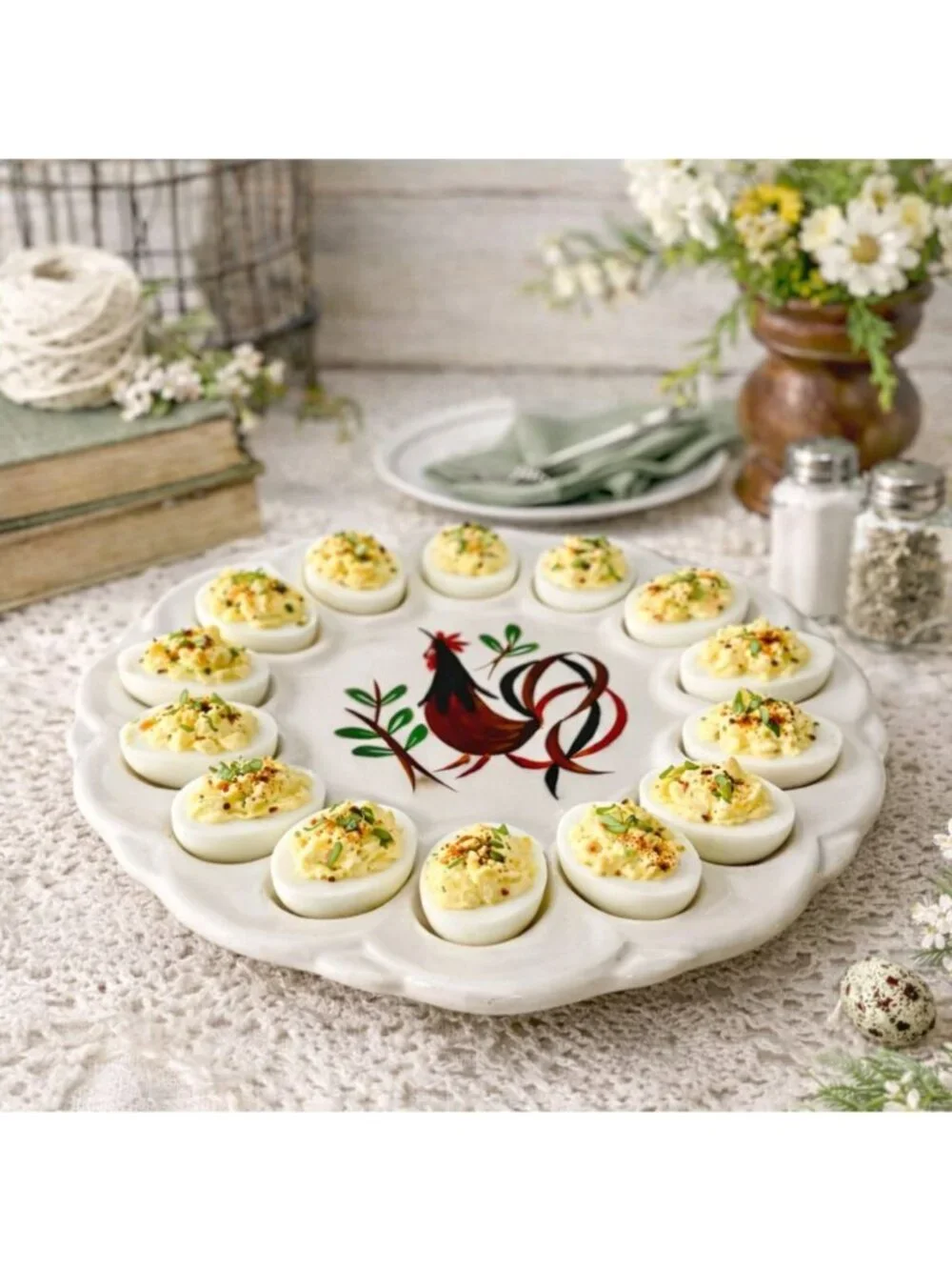 Ceramic Deviled Egg Platter White Rooster Farmhouse Easter Vintage Serving Tray